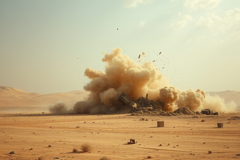 A dramatic explosion scene on a barren desert landscape, showcasing a large cloud of dust and debris rising from a destroyed structure, captured with a DSLR camera at a shutter speed of 1/1000s, aperture f/8, ISO 200, with a wide-angle lens, using a landscape orientation for a cinematic effect.