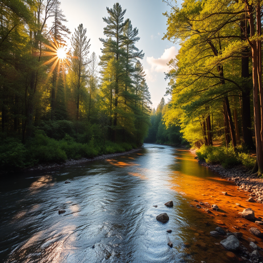 Create an image of a serene, sunlit forest scene with a clear, gently flowing river. Tall trees with lush green foliage line both sides of the river, their leaves bathed in the warm golden light of the setting or rising sun. The sunlight filters through the trees, casting soft, dappled light on the river, which flows over smooth rocks and pebbles, creating a peaceful, natural atmosphere. The sky is bright with a few scattered clouds, and the overall mood is tranquil, evoking a deep sense of connection with nature. The image captures the beauty of a calm, pristine forest landscape at either dawn or dusk.