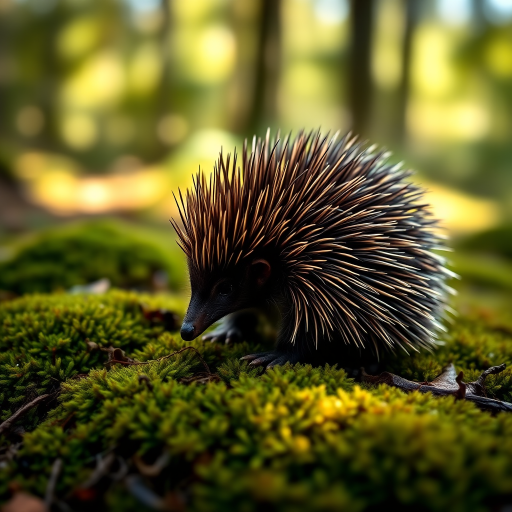A cute, highly detailed echidna sitting on mossy ground in a sunlit forest, with a bokeh background, shot with a DSLR camera at f/1.8 for a shallow depth of field, 50mm lens, ISO 200, natural light to enhance texture and clarity.