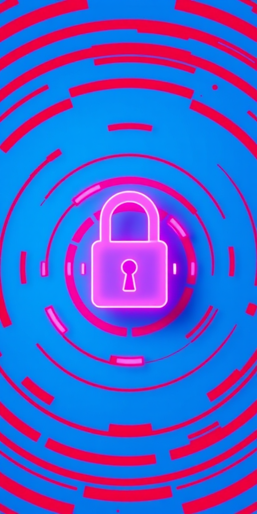 Create an abstract digital lock symbol centered on a blue background with red concentric circles, enhance with a Canon EOS R5, 35mm lens, aperture f/4, ISO 100, and a slight vignette effect for depth.