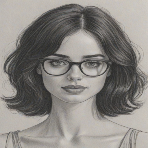 Enticing Krysten Ritter, pencil sketch, portrait of Alluring woman 1974s in glasses, hair style beatnik, outline, clear lines, fine lines, 8k