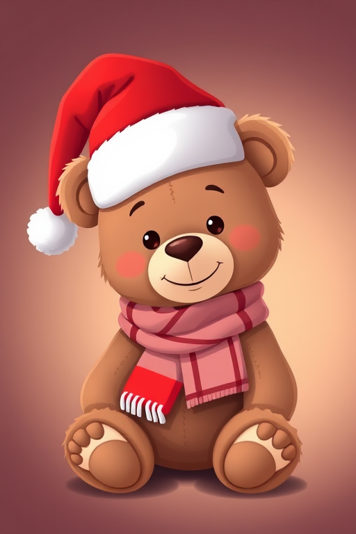 Create a cute cartoon image of a teddy bear wearing a Santa hat and a scarf, seated happily with a soft gradient background, using a DSLR camera with a 50mm lens at f/1.8, ISO 100, and a focal length of 50mm, in a studio lighting setup to enhance detail and warmth.