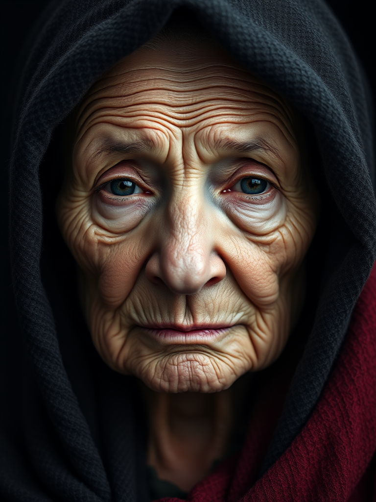 Create an ultra-realistic portrait of an elderly woman with deep wrinkles and a somber expression, wearing a dark, textured hood, captured with a Canon EOS R5, 85mm lens, aperture f/1.4, ISO 100, in soft diffused lighting to enhance details and textures on a black background.