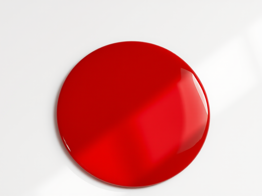 Create a high-resolution image of a glossy red circle with a shiny peel effect in a minimalist style using a DSLR camera, 50mm lens, f/2.8 aperture, ISO 100, and soft diffused lighting to enhance textures and reflections.