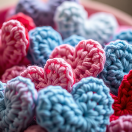Close-up shot of colorful crocheted hearts in various shades of blue, pink, and red, with a shallow depth of field, f/2.8 aperture, 50mm lens, natural soft lighting, DSLR camera, elevated angle view.