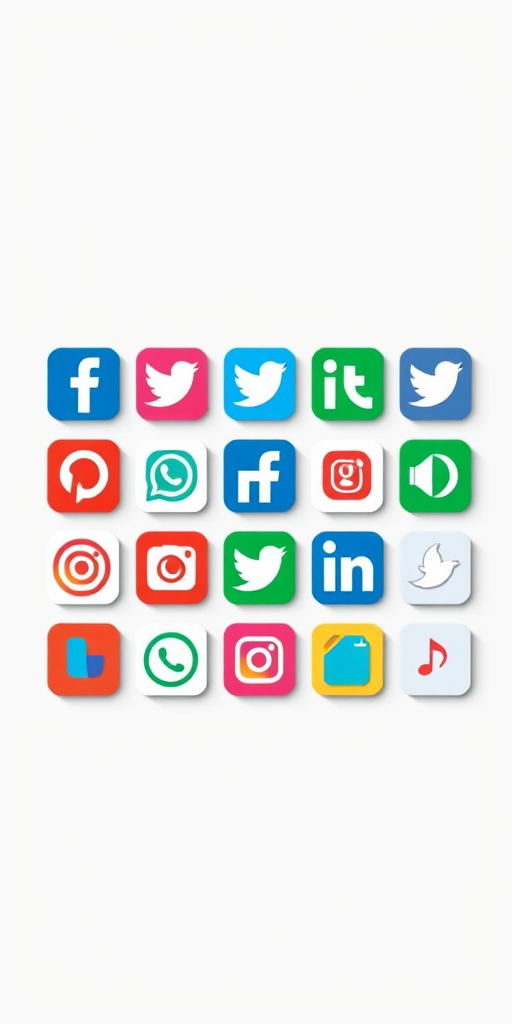 Create a high-resolution image featuring a grid of social media and communication icons in a flat design style with a clean background, using a DSLR camera with a 50mm lens at f/2.8, ISO 100, and 1/200 shutter speed.
