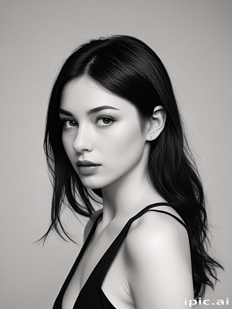 Elegant Portrait of a Young Woman with Long Dark Hair in Monochrome