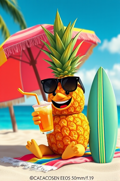 Create a vibrant digital illustration of a cheerful cartoon pineapple character sitting on a beach towel, holding a tropical drink with a straw, wearing sunglasses, with a surfboard next to it, under a colorful beach umbrella, in a sunny tropical setting, captured with a Canon EOS R5, 50mm lens, f/1.8 aperture, ISO 100, natural lighting, aiming for a crisp and vivid color palette.