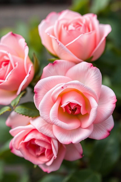 Generate an image of three pink roses with detailed petals and vibrant green leaves, using a macro lens at f/2.8, ISO 100, natural light, taken from a low angle to enhance depth and focus.