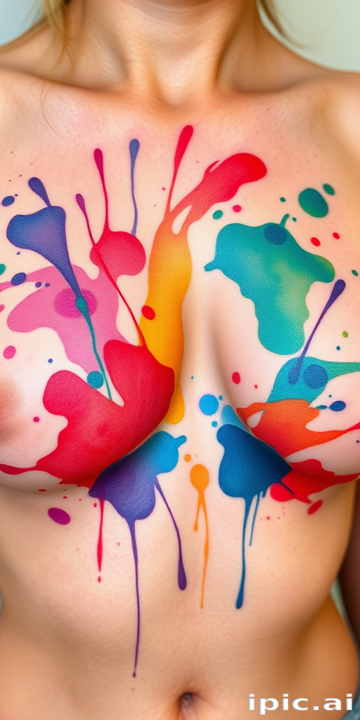 Whimsical watercolor splash tattoo covering the ribcage with abstract swirls and splatters in rainbow hues creating a playful and dynamic composition with seamless color transitions