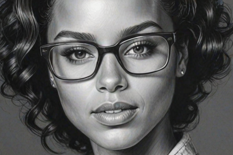 Gorgeous Alicia Keys, pencil sketch, portrait of Gorgeous woman 1944s in glasses, hair style beatnik, outline, clear lines, fine lines, 8k