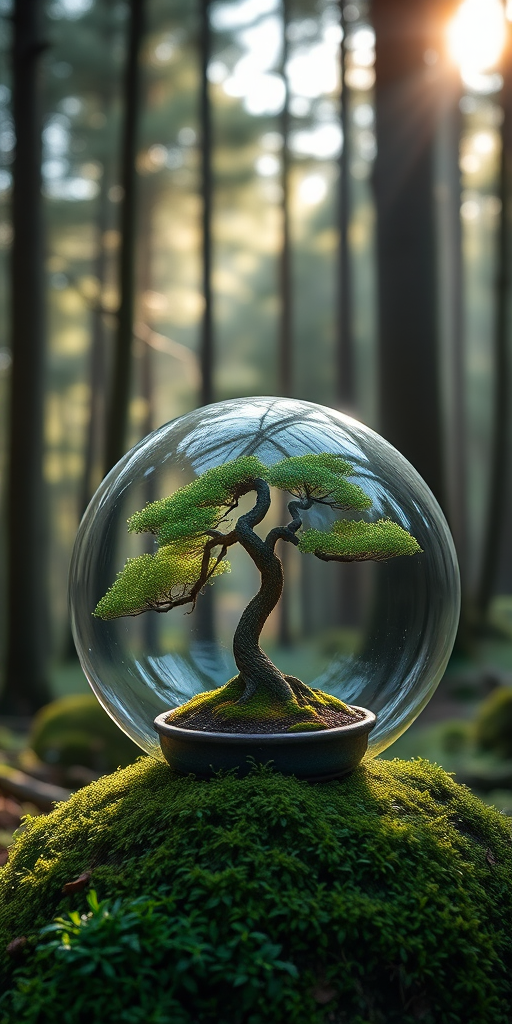 A serene forest scene featuring a bonsai tree surrounded by a transparent bubble, lush green moss, soft morning light filtering through trees, with a shallow depth of field, captured using a Canon EOS R5 with a 50mm f/1.2 lens at ISO 100, aperture f/2.8, shutter speed 1/200s.