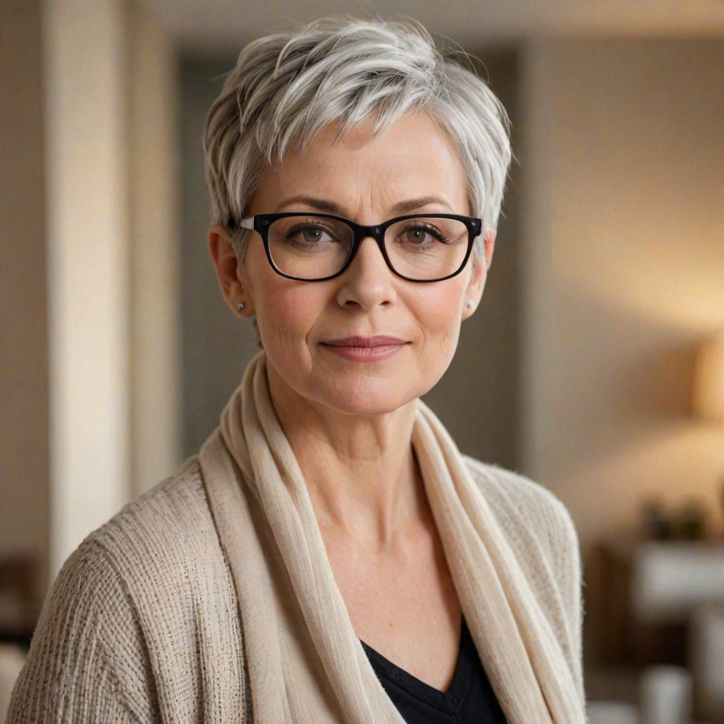 Portrait of a mature woman with short silver hair, styled in an asymmetrical pixie cut with side bangs. She wears black-framed glasses and a beige blouse with a white cardigan over it, as well as a bulky scarf in neutral tones. The woman is indoors with soft lighting and a blur in the background. Her expression is serene and confident, highlighting her elegance and modern style.