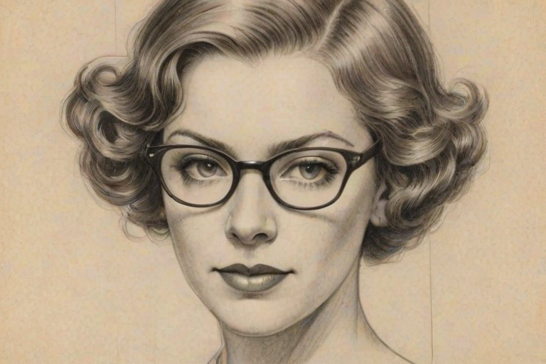 Enchanting Hannah Waddingham, pencil sketch, portrait of Graceful woman 1926s in glasses, hair style beatnik, outline, clear lines, fine lines, 8k