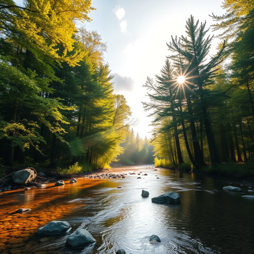 Create an image of a serene, sunlit forest scene with a clear, gently flowing river. Tall trees with lush green foliage line both sides of the river, their leaves bathed in the warm golden light of the setting or rising sun. The sunlight filters through the trees, casting soft, dappled light on the river, which flows over smooth rocks and pebbles, creating a peaceful, natural atmosphere. The sky is bright with a few scattered clouds, and the overall mood is tranquil, evoking a deep sense of connection with nature. The image captures the beauty of a calm, pristine forest landscape at either dawn or dusk.