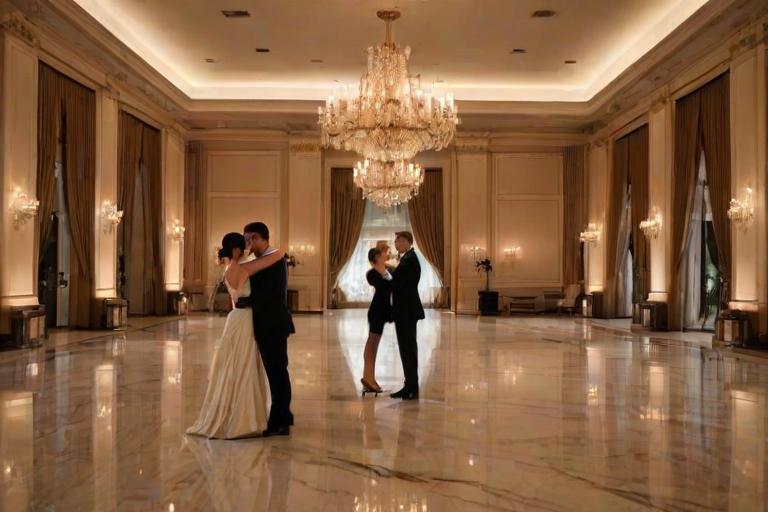 Elegant ballroom illuminated by chandeliers, couples dancing gracefully across the floor, their reflections gliding in the polished marble.