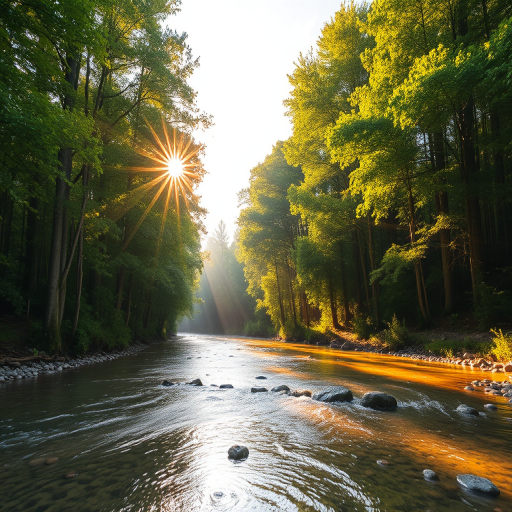 Create an image of a serene, sunlit forest scene with a clear, gently flowing river. Tall trees with lush green foliage line both sides of the river, their leaves bathed in the warm golden light of the setting or rising sun. The sunlight filters through the trees, casting soft, dappled light on the river, which flows over smooth rocks and pebbles, creating a peaceful, natural atmosphere. The sky is bright with a few scattered clouds, and the overall mood is tranquil, evoking a deep sense of connection with nature. The image captures the beauty of a calm, pristine forest landscape at either dawn or dusk.