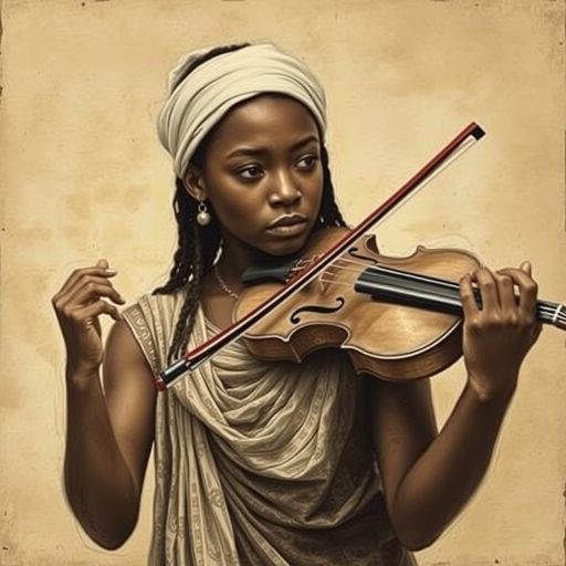 a young Nubian woman with a white headband playing a violin, in the style of a charcoal drawing, sepia grunge background