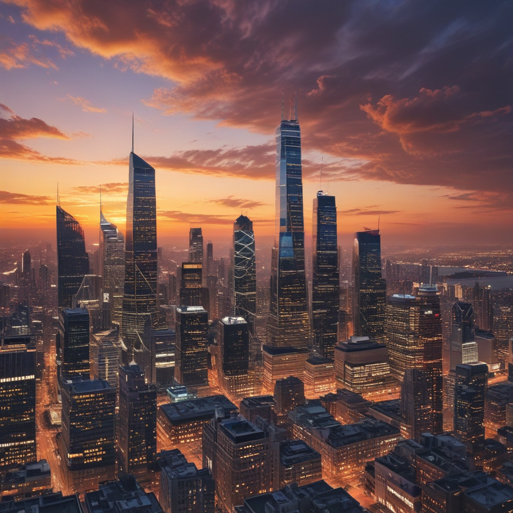 Stunning Sunset Over a Vibrant City Skyline with Towering Skyscrapers