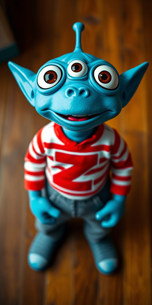 A playful blue alien character with three big eyes, wearing a red and white striped shirt with a large letter Z on it, and grey pants, captured from a top-down view using a DSLR camera, aperture f/4, 50mm lens, ISO 100, with vibrant colors and crisp details.