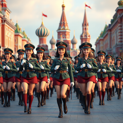 Cartoon 3D Military parade in Red Square in Moscow with military women wearing short skirts.