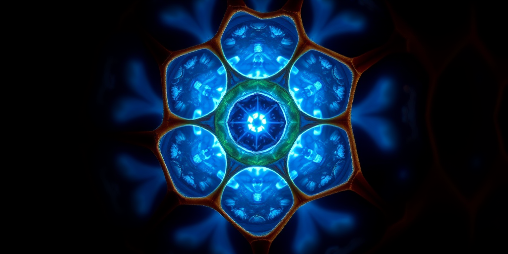 highly detailed hexagonal pattern with a glowing blue center, dark background, ISO 100, f/8, 1/60s shutter speed, 50mm lens, top-down view, macro photography, digital camera