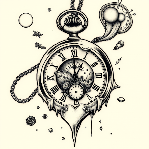 Surrealist pocket watch tattoo melting and distorting in a Dali-esque style, incorporating elements of nature and symbolism to represent the fluidity and relativity of time