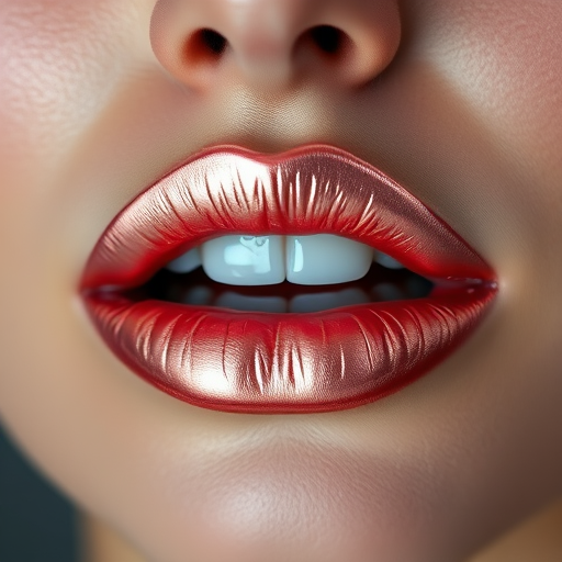 Exquisite portrait featuring metallic rose gold lips with a holographic sheen, highlighting unique light-reflecting properties and dimensional depth