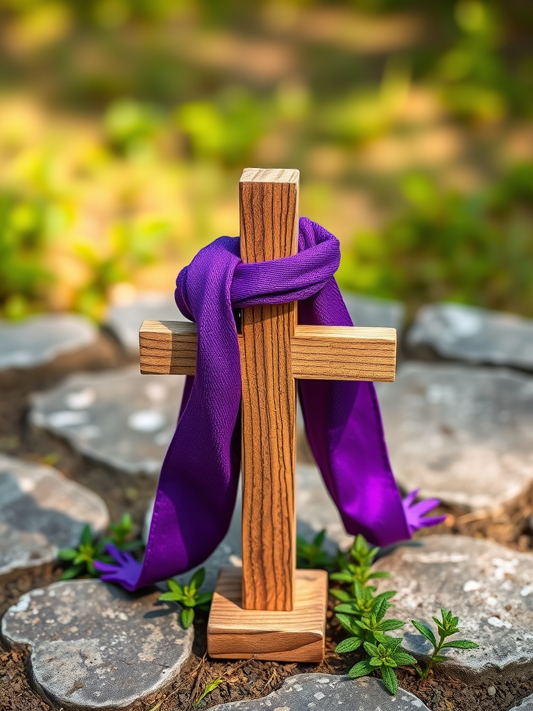 Create a high-resolution illustration of a wooden cross adorned with a purple cloth, placed on a stone surface with small green plants around it, captured with a DSLR camera at f/2.8 aperture, 50mm lens, natural light, and a slight depth of field to enhance detail and focus on the cross.