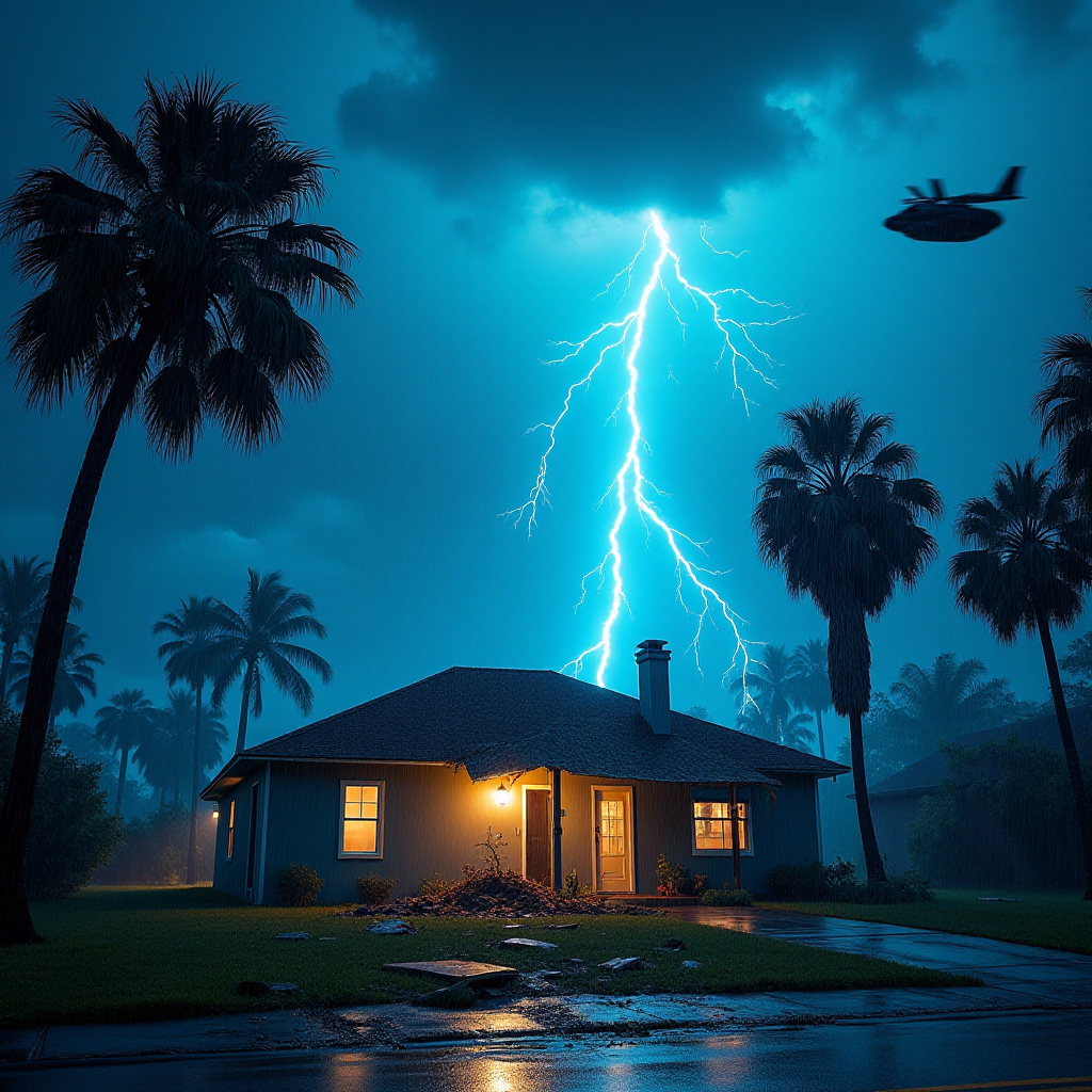 Hurricane Milton blows a roof off a home. Strong winds and rain blows sideways. Palm trees uprooted and bent over. Cars flying through the sky with debris. Sky is dark with thunder storms. Lightning strikes are fluorescent blue. Add text Hurricane Milton 2024