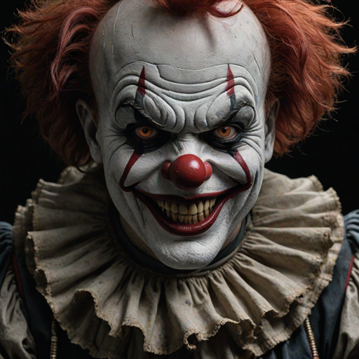 Create a hyper-realistic, dark, and eerie clown with a sinister smile, set against a black background. The clown should have exaggerated makeup with sharp, contrasting colors to enhance its menacing appearance. The overall atmosphere should be unsettling and intense, capturing a sense of horror and suspense