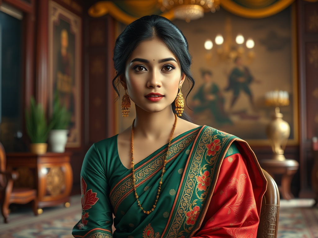 A beautiful Bangladeshi woman in traditional East Asian attire, intricately detailed with embroidered patterns, sitting gracefully in a richly decorated room, soft ambient lighting, serene and elegant, ultra-realistic, 8K resolution