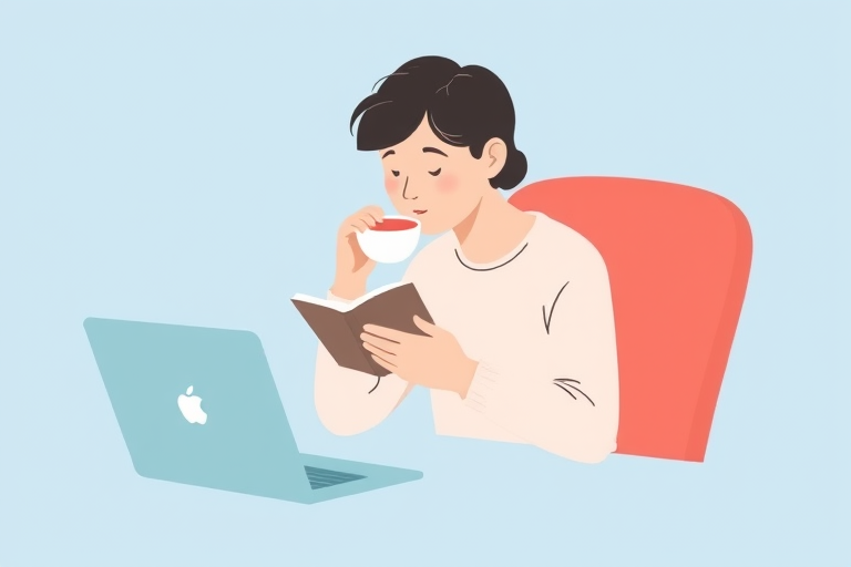 Create an illustration of a person sitting at a desk, sipping from a bowl while reading a book, with a laptop open in front of them, in a minimalist style, with a soft blue background, using a digital illustration technique, with a focus on clean lines and pastel colors, in a 2D style. Use a high-resolution setting with a 50mm lens, f/2.8 aperture, and soft diffused lighting for enhanced quality.