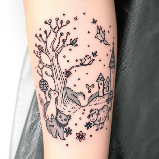 Illustrative tattoo named "Storybook Reverie" showcasing a whimsical scene with fantastical creatures enchanted forests and fairy tale elements rendered in a delicate hand-drawn style with soft shading and fine linework