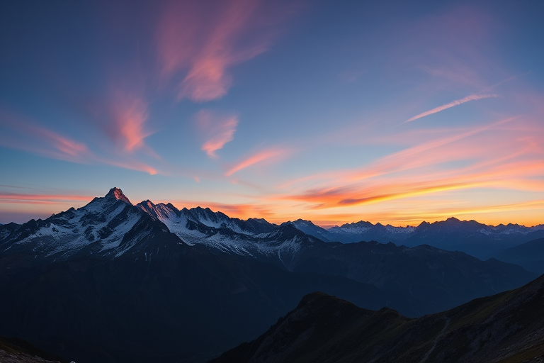 Capture a high-resolution image of a majestic mountain range at sunset with vivid colors, ISO 100, aperture f/11, shutter speed 1/125, with a panoramic view using a DSLR camera and a wide-angle lens.