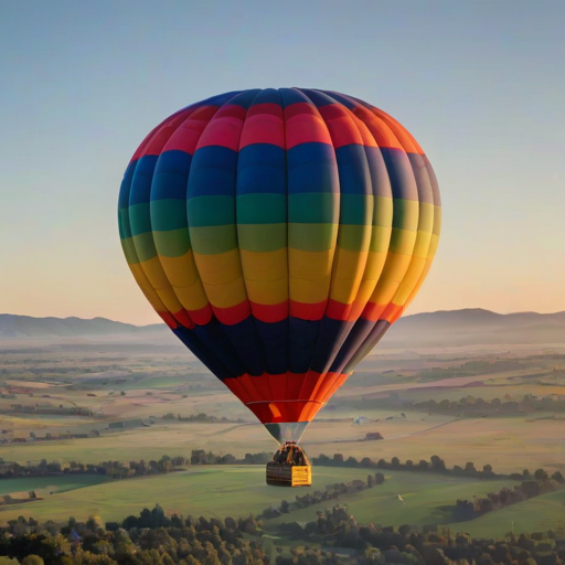 Close-up of a colorful hot air balloon lifting off at dawn, the fabric glowing in the soft morning light, with distant hills and a peaceful countryside visible on the horizon.