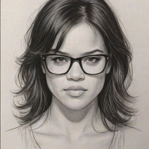 Enchanting Michelle Rodriguez, pencil sketch, portrait of Gorgeous woman 1966s in glasses, hair style beatnik, outline, clear lines, fine lines, 8k
