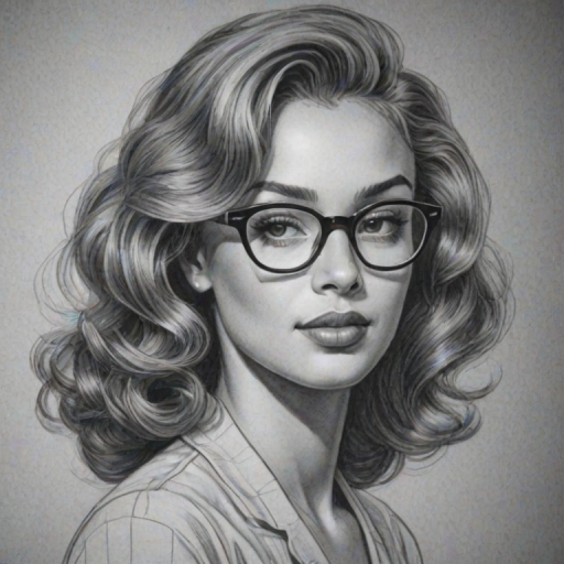 Gorgeous DaniLeigh, pencil sketch, portrait of Captivating woman 1951s in glasses, hair style beatnik, outline, clear lines, fine lines, 8k