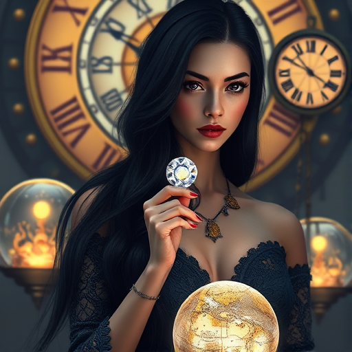 Create a digital artwork of a woman with long black hair holding a gemstone, surrounded by intricate, illuminated globes and clockwork designs, using a high-resolution camera with a 50mm lens at f/1.8 for shallow depth of field, shot from a 45-degree angle, with soft, diffused lighting for a dreamy atmosphere.