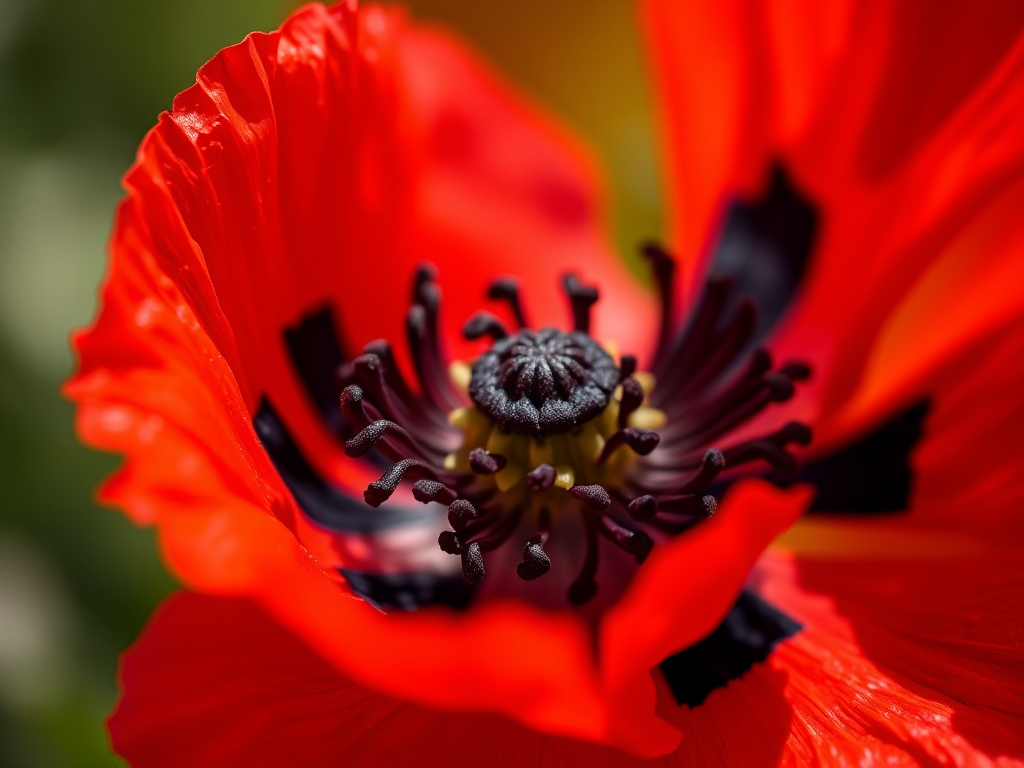 high-resolution close-up of a vibrant red poppy flower with detailed petals and dark spots, ISO 100, f/2.8, 50mm lens, macro photography, soft natural lighting, DSLR camera