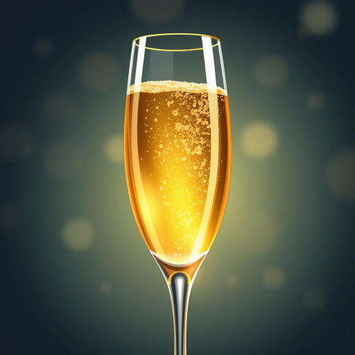 Create an illustration of a champagne flute filled with sparkling champagne, focus on reflection and bubbles, use a 50mm lens, f/2.8 aperture, ISO 100, with a soft focus background for depth, in a high-resolution digital art style.