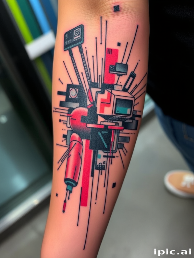 Glitch art tattoo called "Digital Disruption" incorporating pixelated elements, distorted images, and fragmented patterns to create a modern, tech-inspired aesthetic