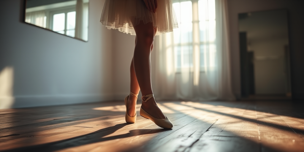 Softly lit image of a ballerina tying her pointe shoes in a dimly lit studio, soft light from a nearby window casting long shadows on the worn wooden floor, with faint reflections visible in the studio mirrors.