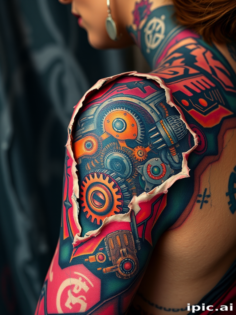 Vibrant biomechanical body tattoo revealing intricate mechanical parts beneath torn skin on the shoulder, blending hyperrealistic details with science fiction elements