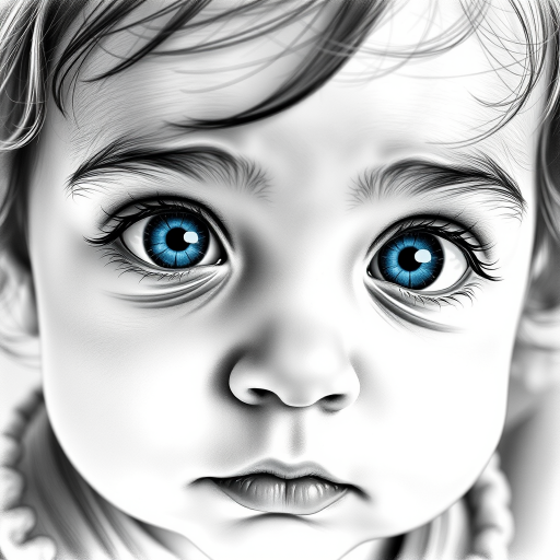 A hyperdetailed photorealistic black and white sketch of a beautiful toddler with deep blue eyes, with a macro focus