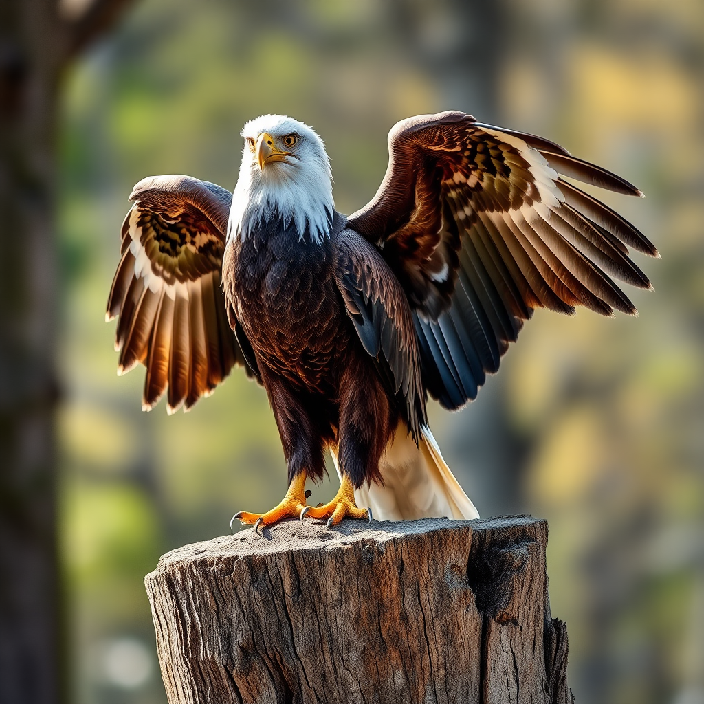 A majestic eagle perched on a textured wooden stump with its wings spread wide, showcasing detailed feathers and vibrant colors, soft natural lighting, shallow depth of field, ISO 100, f/2.8 aperture, 85mm lens, DSLR camera, high-resolution image.
