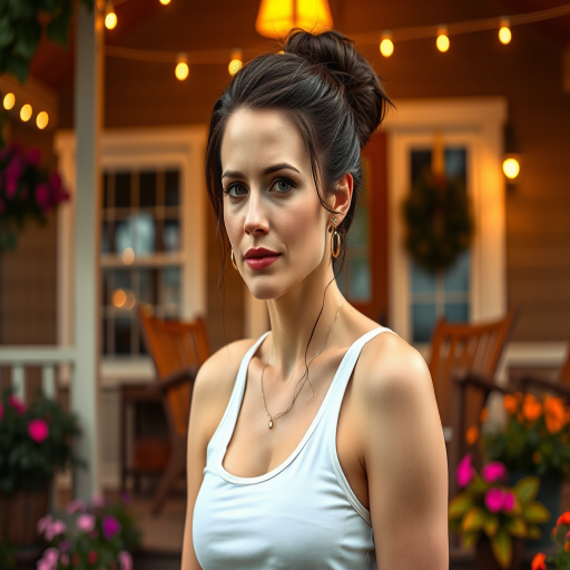 A photo of Amy Adams with a background of a cozy porch. She has dark hair pulled back in an updo, with tendrils framing her face. She wears a white tank top and sits on the porch. The porch is part of a well-lit home with a warm, earthy tone and colorful flowers and foliage. The overall scene has a warm, welcoming, and comfortable ambiance.