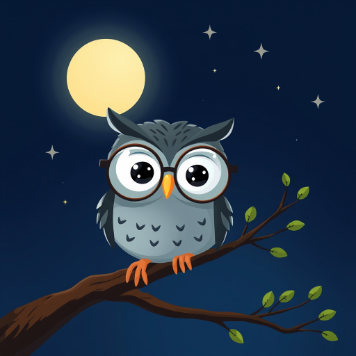 Create a whimsical illustration of an owl with exaggerated round glasses sitting on a branch at night under a full moon and twinkling stars, use a digital art style with a smooth vector finish, camera settings: f/8, ISO 100, shutter speed 1/125s, camera view: close-up, camera type: digital tablet.