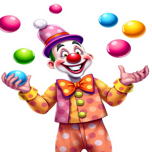 Create a vibrant digital illustration of a jolly clown juggling colorful balls, wearing a polka-dot costume and a large bow tie, set against a bright background, captured with a 50mm lens at f/2.8, ISO 100, and natural light for clarity.