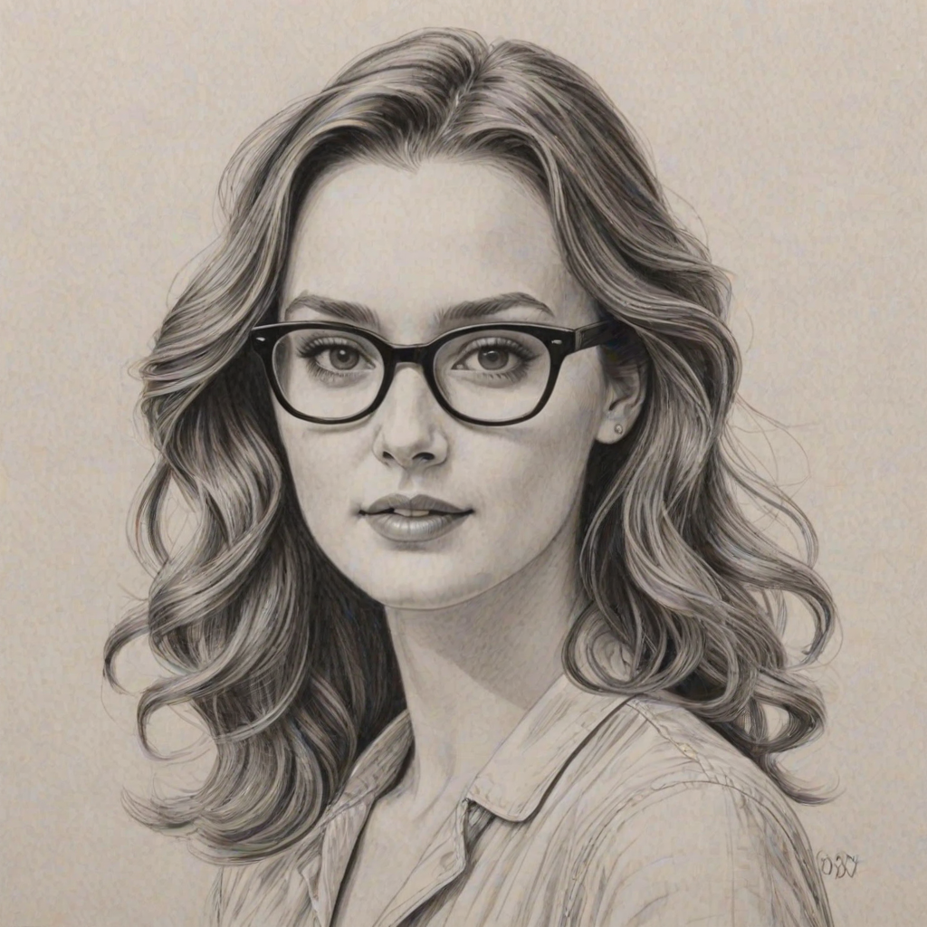 Resplendent Leighton Meester, pencil sketch, portrait of Radiant woman 1954s in glasses, hair style beatnik, outline, clear lines, fine lines, 8k